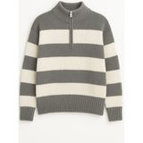 Wkm Regular Fit Erkek Dik Yaka Yarım Fermuarlı Çizgili Triko Kazak - Gri - 2XL
