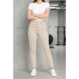 WODDİ Kadın Jeans Krem Mom Jean Yüksek Bel Denim Kot Pantolon