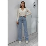 Woddi Vera Kadın Yüksek Bel Kar Yıkama Salaş Jeans Wide Leg Geniş Paça Palazzo Kot Pantolon - 001-Taş - 34
