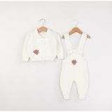 Wofim 3036 Kız Bebek Natural Yün Çiçekli 2'li Triko Salopet Takım - Krem - 6 - 9 Ay