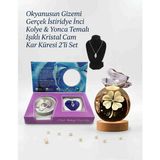 Wolawood 10000 lm Işıklı Yonca Temalı Ahşap Dekor Feneri Gerçek İstiridye İnci Kolye Hediye Seti 2'li Set Premium Hediyelik Takım