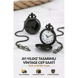 Wolawood Ay Yıldız Kabartmalı Vintage Mat Siyah Köstekli Cep Saati Zincirli Quartz Antik Tarz Hediyelik Saat