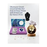 Wolawood Gerçek İstiridye İnci Kolye Hediye Seti & Işıklı Yonca Kristal Cam Kar Küresi Premium 2'Li Set Takım