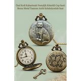 Wolawood Özel Üretim Kedi Kabartmalı Nostaljik Köstekli Cep Saati & Bronz Metal Tasarım Zincirli Antik Saat