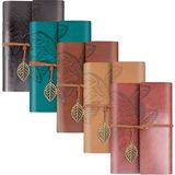 Wolawood Premium Seri Dört (5) Adet Deri Defter Yaprak Desenli, Eskitme Sayfa, Spiralli, Vintage Hatıra, Ajanda, Günlük Not Defteri Hediyelik Set