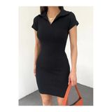 Wolee Kadın Fitted/Vücuda Oturan Polo Yaka Kısa Kollu Elbise,Balo,Mezuniyet,Kına,Düğün,Davet Siyah