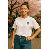 wolka Kiraz Çiçeği Japonya Posta Pulu Baskılı %100 Pamuk Regular Fit Bisiklet Yaka Beyaz Kadın T-shirt