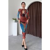 WOMAN VISION Kadın Astarlı Batik Desen Tül Kumaş Göğüs Dekolteli Midi Abiye Elbise 322