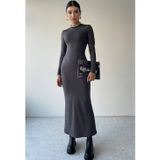 WOMAN VISION Kadın Esnek Füme Sandy Kumaş Uzun Kollu Midi Abiye Elbise 323