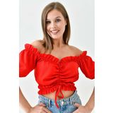 WOMAN VISION Kadın Kırmızı Krep Kumaş Madonna Yaka Büzgü Ve Bağcıklı Tasarım Kısa Kollu Crop Bluz 5027