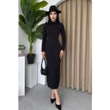 WOMAN VISION Kadın Siyah Kadın Atlas Kumaş Gömlek Yaka Detay Midi Kalem Abiye Elbise 341