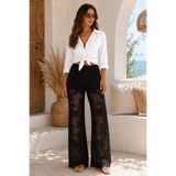 WOMAN VISION Kadın Siyah Plaj Pantolonu Triko Kumaş Çiçek Desenli Geniş Paça Siyah Plaj Pantolonu 004