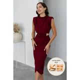Woman Vision Omuzu Vatkalı Anvelop Kesim Gold Aksesuarlı Midi Boy Kolsuz Bordo Abiye Elbise 4409