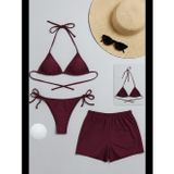 Womanandkids Fantezia Night Kadın 3'lü Set Bordo Şortlu ve Yandan Bağlamalı Bikini Mayo Takımı