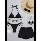 Womanandkids Fantezia Night Kadın 3'lü Set Siyah Şortlu ve Yandan Bağlamalı Bikini Mayo Takımı