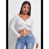 Womanandkids Fantezia Night Kadın Beyaz Uzun Kollu Büzdürme Bağcık Detaylı Crop Top Bluz
