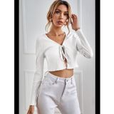 Womanandkids Fantezia Night Kadın Beyaz Uzun Kollu Önden Bağlama Detaylı Crop Top Bluz