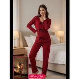 Womanandkids Fantezia Night Kadın Bordo Fiyonklu İç Çamaşırı ve Uzun Kollu V Yaka Pijama Takımı 4'lü Set