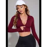 Womanandkids Fantezia Night Kadın Bordo Uzun Kol Fermuarlı Parmak Geçme Detaylı Dik Yaka Crop Top Bluz