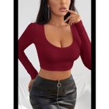 Womanandkids Fantezia Night Kadın Bordo Uzun Kol Kare Yaka Crop Top Bluz