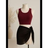 Womanandkids Fantezia Night Kadın Bordo Yuvarlak Yaka Crop ve Siyah Pareo 2'li Set