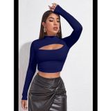 Womanandkids Fantezia Night Kadın Lacivert Göğüs Dekolteli Uzun Kollu Cut Out Crop Top Bluz
