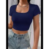 Womanandkids Fantezia Night Kadın Lacivert Yarım Kol Düz Yaka Crop Top Bluz