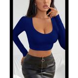 Womanandkids Fantezia Night Kadın Mavi Uzun Kol Kare Yaka Crop Top Bluz