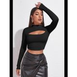 Womanandkids Fantezia Night Kadın Siyah Göğüs Dekolteli Uzun Kollu Cut Out Crop Top Bluz