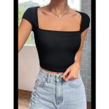 Womanandkids Fantezia Night Kadın Siyah Kare Yaka Yarım Kol Göğüs Dekolteli Crop Top Bluz