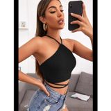 Womanandkids Fantezia Night Kadın Siyah Sırtı Açık Boyundan Çapraz Bağlamalı Crop Top Bluz
