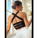 Womanandkids Fantezia Night Kadın Siyah Sırtı Çapraz Lastik Detaylı Crop Top Bluz