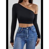 Womanandkids Fantezia Night Kadın Siyah Tek Omuz Detaylı Uzun Kol Crop Top Bluz