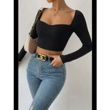 Womanandkids Fantezia Night Kadın Siyah Uzun Kol Göğüs Dekolteli Şık Crop Top Bluz