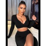 Womanandkids Fantezia Night Kadın Siyah Uzun Kol Göğüs ve Göbek Dekolteli Fermuarlı Crop Top Bluz