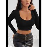 Womanandkids Fantezia Night Kadın Siyah Uzun Kol Kare Yaka Crop Top Bluz