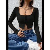 Womanandkids Fantezia Night Kadın Siyah Uzun Kollu Agraflı Göğüs ve Göbek Dekolteli Crop Top Bluz