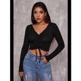 Womanandkids Fantezia Night Kadın Siyah Uzun Kollu Büzdürme Bağcık Detaylı Crop Top Bluz