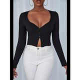 Womanandkids Fantezia Night Kadın Siyah Uzun Kollu Düğmeli Göğüs ve Göbek Dekolteli Crop Top Bluz