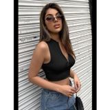 Womanandkids Fantezia Night Kadın Siyah Yarım Fermuarlı Sıfır Kol Crop Top Bluz