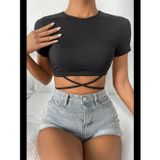 Womanandkids Fantezia Night Kadın Siyah Yarım Kol Çapraz Bağlamalı Crop Top Bluz