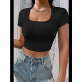 Womanandkids Fantezia Night Kadın Siyah Yarım Kol Düz Yaka Crop Top Bluz