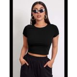Womanandkids Fantezia Night Kadın Siyah Yuvarlak Yaka Yarım Kol Crop Top Bluz