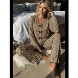 Womanandkids Fantezia Night Kadın Uzun Kollu Leopar Desenli Fiyonklu Ev Giyim Pijama Takımı