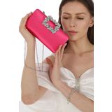 womenacs Fuşya Renk Saten Kumaş Çiçek Motifli Taşlı Elde ve Askılı Abiye Portfoy Clutch Gece Çantası