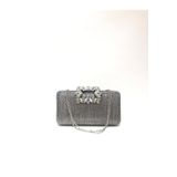 womenacs Platin Renk Lazer Kumaş Çiçek Motifli Taşlı Elde ve Askılı Abiye Portfoy Clutch Gece Çantası