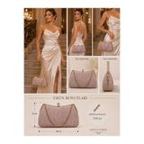 womenacs Rose Pudra Renk Çizgili Materyal Tasarım Abiye Clutch Zincir Askılı El Düğün Nişan Gece Çantası
