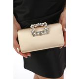 womenacs Ten Renk Saten Kumaş Çiçek Motifli Taşlı Elde ve Askılı Abiye Portfoy Clutch Gece Çantası