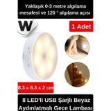 Wonara Özel Tasarım Mıknatıslı 3 Modlu Hareket Sensörlü 8 LED'li USB Şarjlı Beyaz Aydınlatmalı Gece Lambası