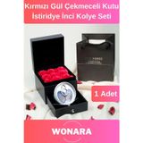 Wonara Özel Tasarım Sevgiliye Anneye Arkadaşa Uygun Kırmızı Gül Çekmeceli Kutu İstiridye İnci Kolye Seti